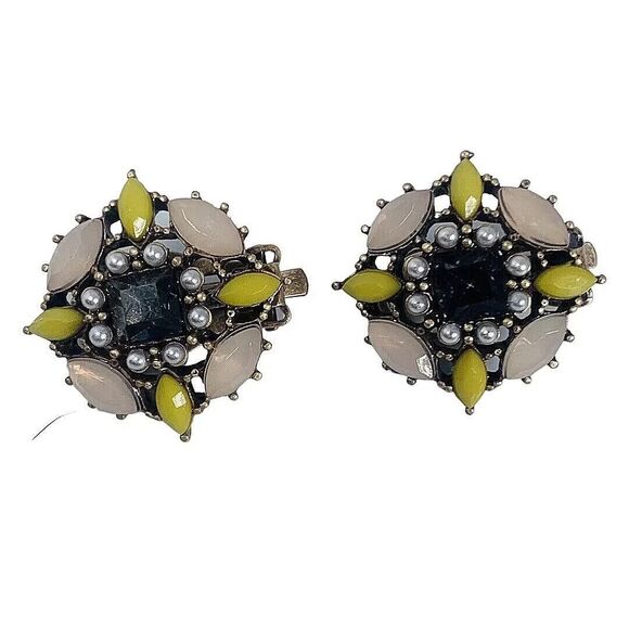 RJ Graziano Pearl Flower Button Clip Earrings 1"  Pastel Rhinestones - Picture 9 of 9